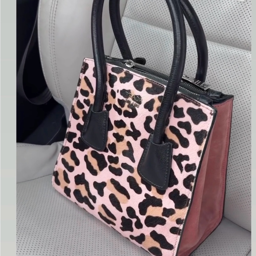 Authentic Rare Prada Cavallino animal print calf hair pink suede Twin Tote Bag